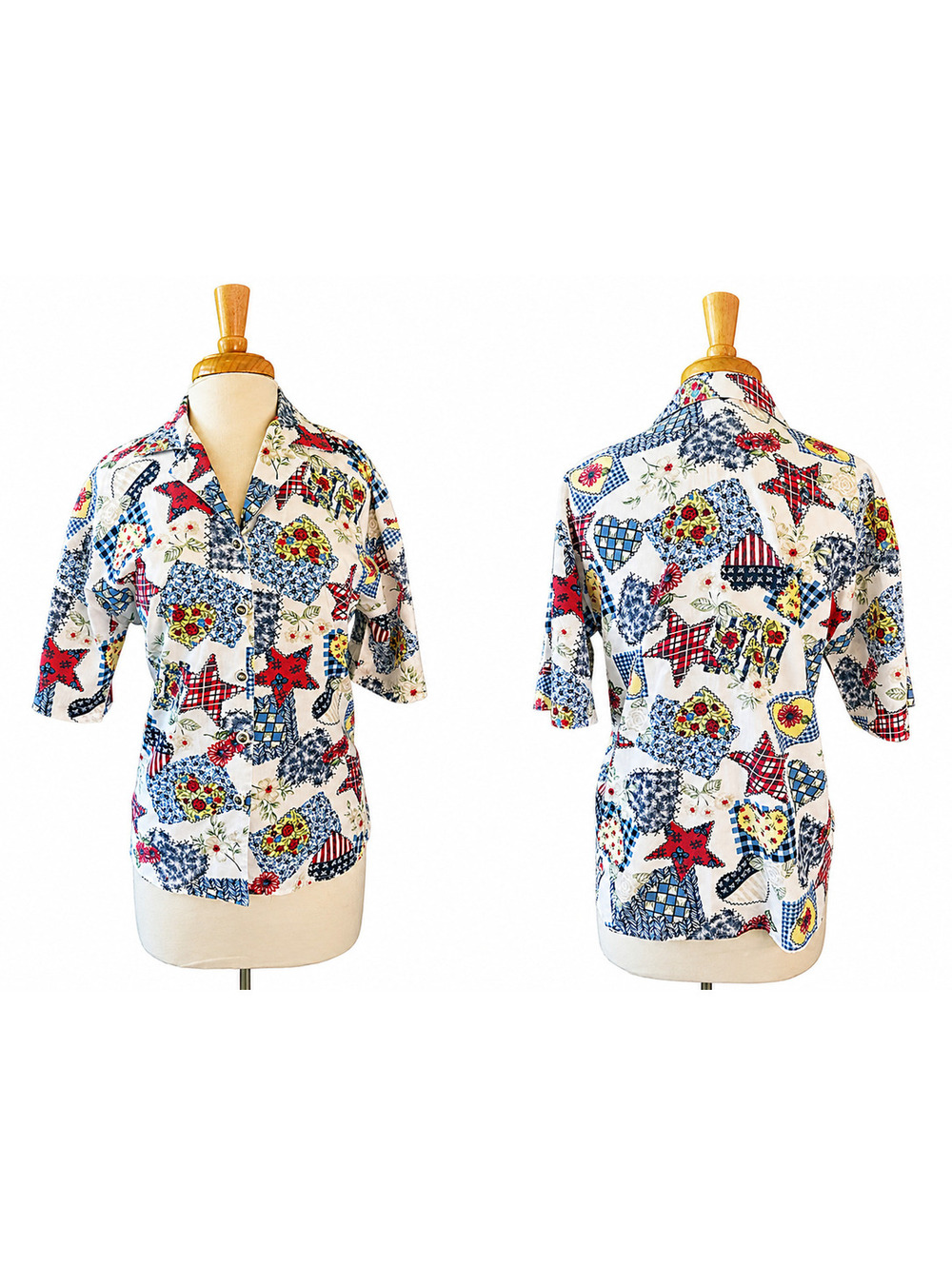 Vintage 1980s Cabrais Patchwork Quilt Print Shirt Blouse Cottage Americana
